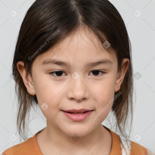 Joyful white child female with medium  brown hair and brown eyes