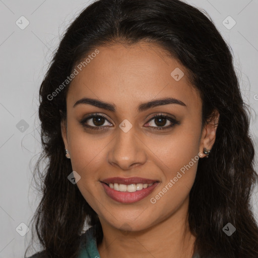 Joyful latino young-adult female with long  brown hair and brown eyes