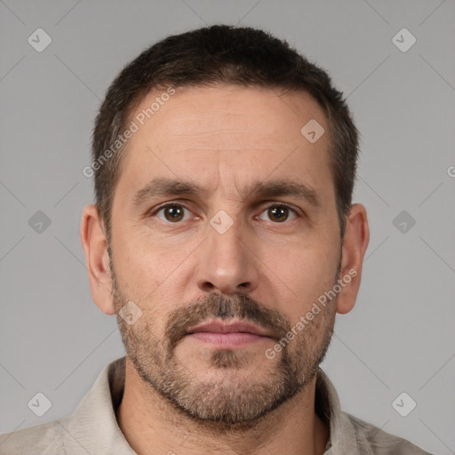 Neutral white adult male with short  brown hair and brown eyes