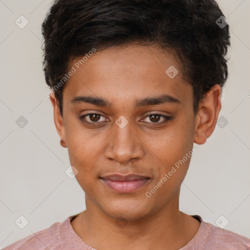 Joyful latino young-adult male with short  brown hair and brown eyes