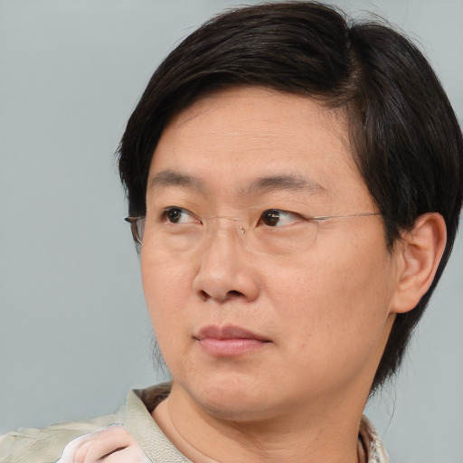Neutral asian adult male with short  brown hair and brown eyes
