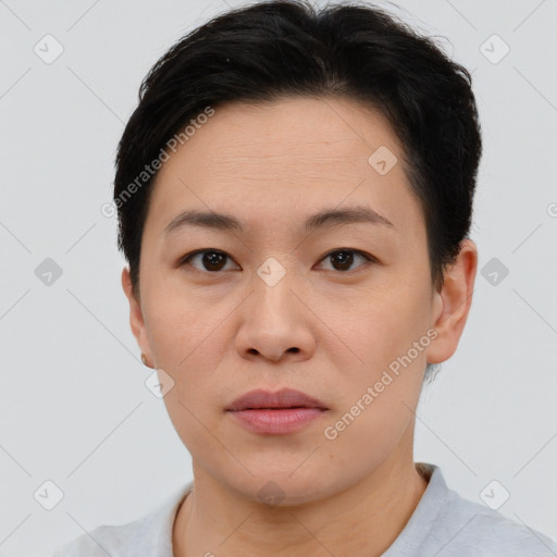 Neutral asian young-adult female with short  brown hair and brown eyes