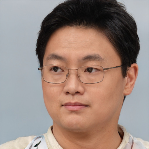 Neutral asian adult male with short  brown hair and brown eyes