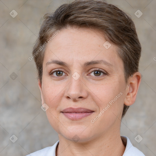 Joyful white adult female with short  brown hair and brown eyes