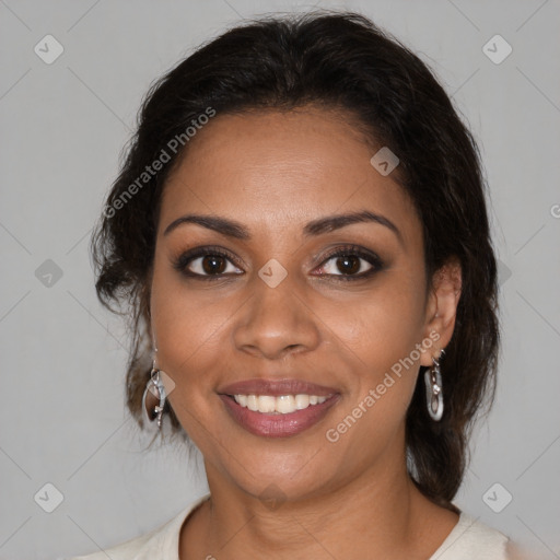 Joyful black young-adult female with medium  brown hair and brown eyes