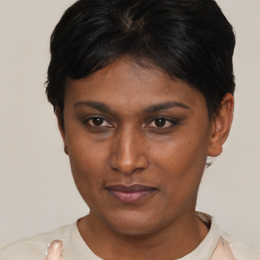 Neutral asian young-adult female with short  brown hair and brown eyes