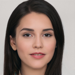 Neutral white young-adult female with long  black hair and brown eyes