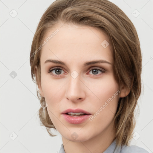 Neutral white young-adult female with medium  brown hair and grey eyes