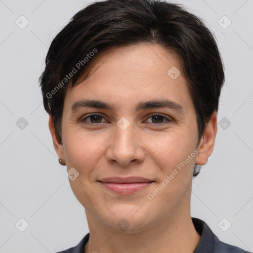 Joyful white young-adult female with short  brown hair and brown eyes