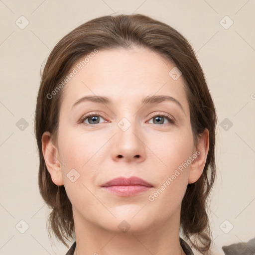 Neutral white young-adult female with medium  brown hair and grey eyes