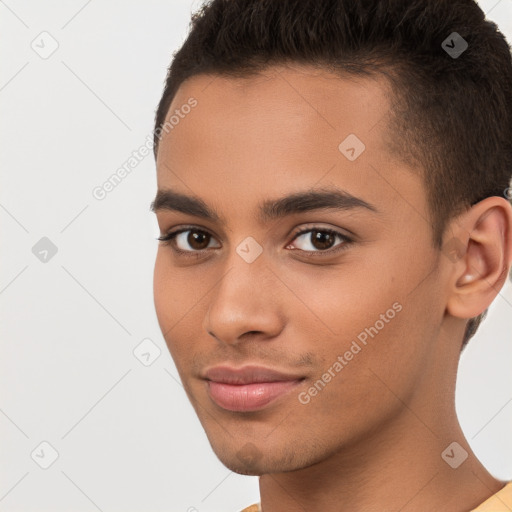 Neutral white young-adult male with short  brown hair and brown eyes