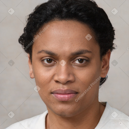 Joyful latino young-adult female with short  black hair and brown eyes