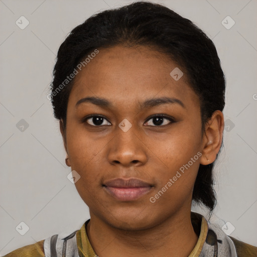 Neutral black young-adult female with short  black hair and brown eyes