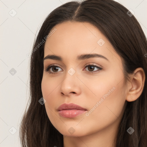 Neutral white young-adult female with long  brown hair and brown eyes