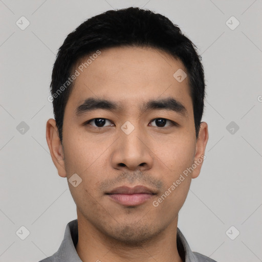 Neutral asian young-adult male with short  black hair and brown eyes