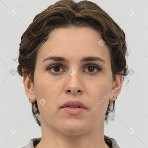 Neutral white young-adult female with short  brown hair and brown eyes