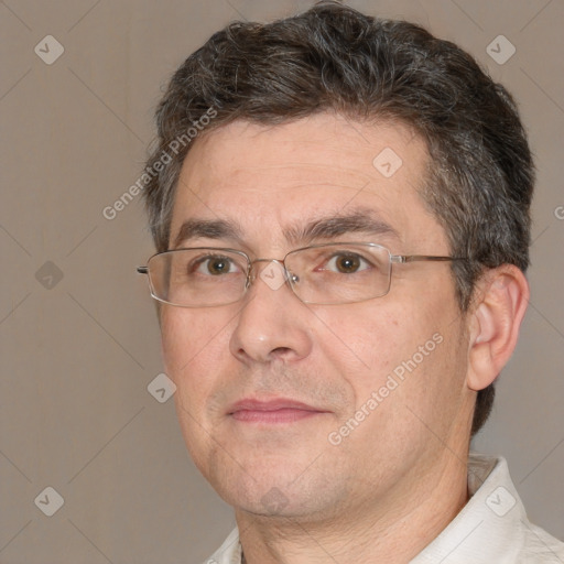 Neutral white middle-aged male with short  brown hair and brown eyes