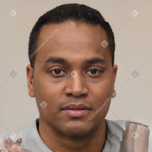 Neutral latino young-adult male with short  black hair and brown eyes