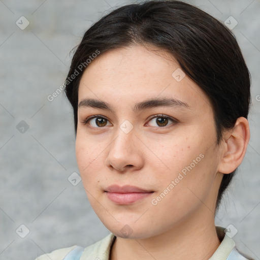 Neutral white young-adult female with medium  brown hair and brown eyes