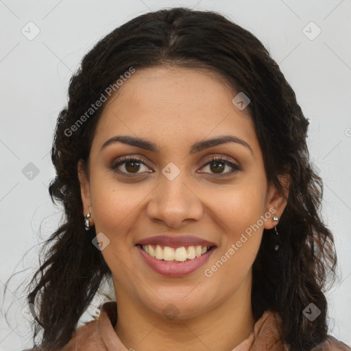 Joyful latino young-adult female with long  brown hair and brown eyes