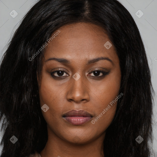 Joyful asian young-adult female with long  brown hair and brown eyes