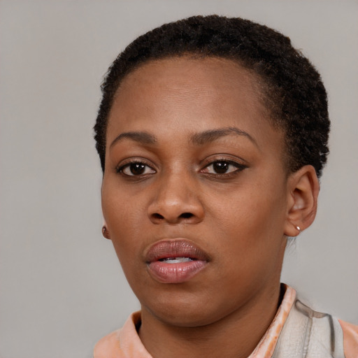 Neutral latino young-adult female with short  black hair and brown eyes