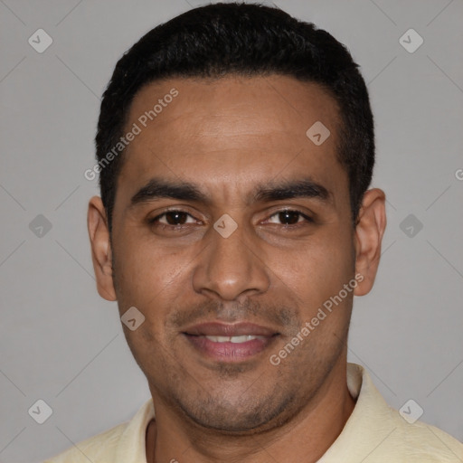 Joyful white young-adult male with short  black hair and brown eyes