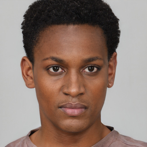 Neutral black young-adult female with short  black hair and brown eyes