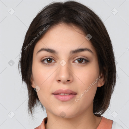 Neutral white young-adult female with medium  brown hair and brown eyes