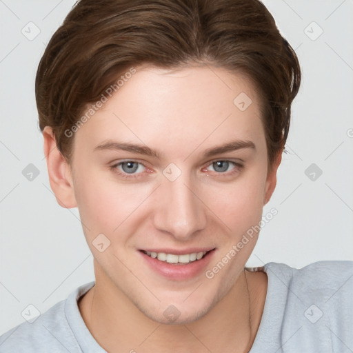 Joyful white young-adult female with short  brown hair and grey eyes