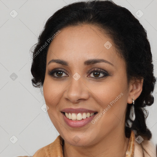 Joyful latino young-adult female with long  brown hair and brown eyes