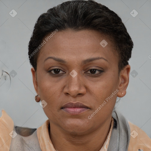 Neutral black young-adult female with short  brown hair and brown eyes