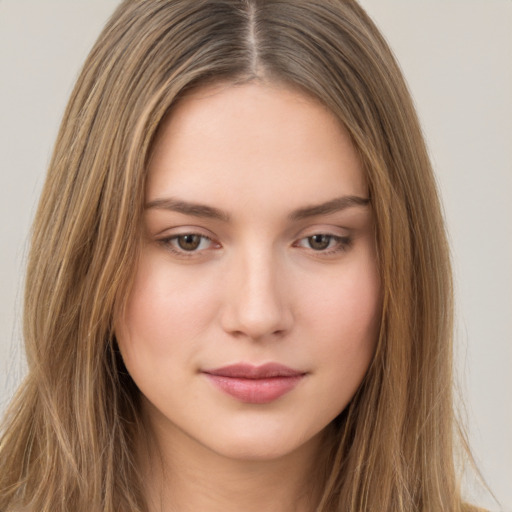 Neutral white young-adult female with long  brown hair and brown eyes