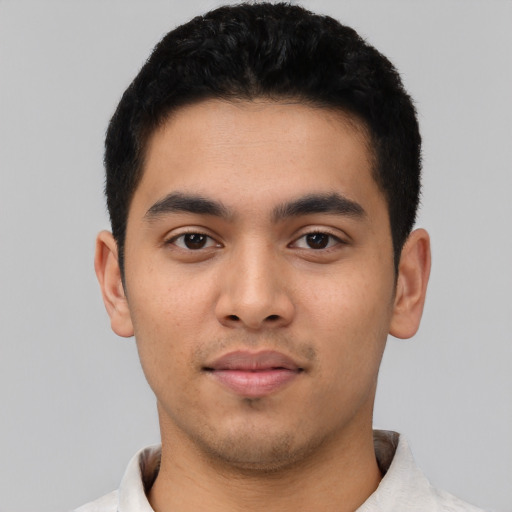 Neutral asian young-adult male with short  black hair and brown eyes