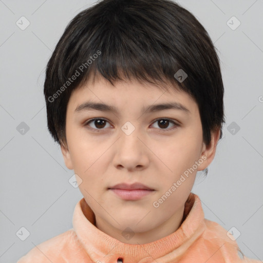 Neutral asian young-adult female with short  brown hair and brown eyes