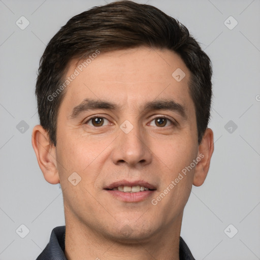 Joyful white young-adult male with short  brown hair and brown eyes