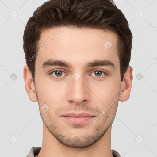 Neutral white young-adult male with short  brown hair and brown eyes