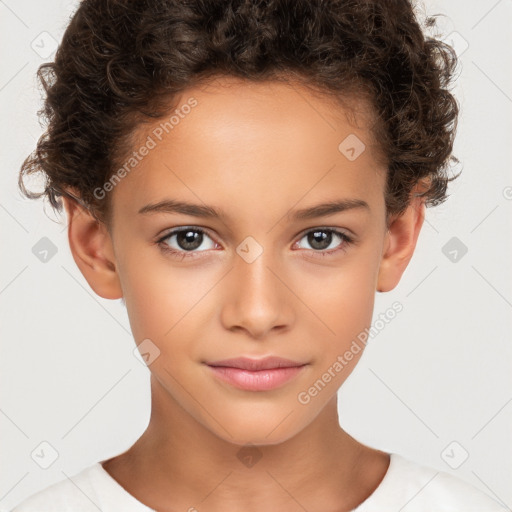 Joyful white child female with short  brown hair and brown eyes