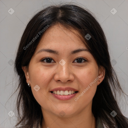 Joyful white young-adult female with medium  brown hair and brown eyes