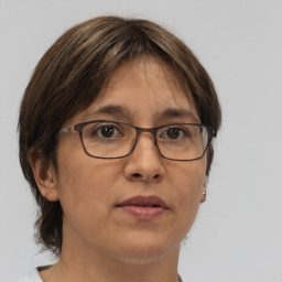 Neutral white adult female with medium  brown hair and brown eyes