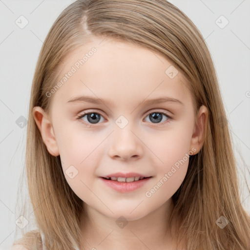 Joyful white child female with long  brown hair and brown eyes