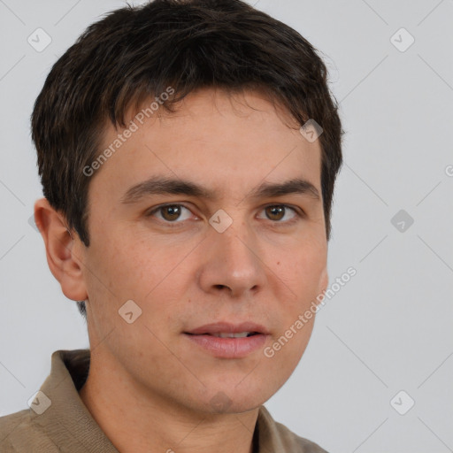 Neutral white young-adult male with short  brown hair and brown eyes