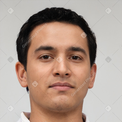 Neutral asian young-adult male with short  black hair and brown eyes