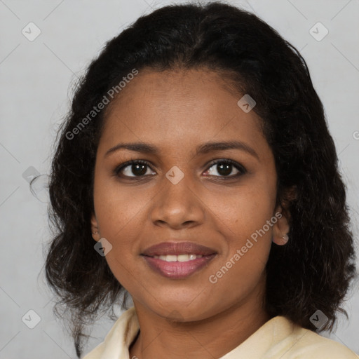 Joyful black young-adult female with medium  brown hair and brown eyes