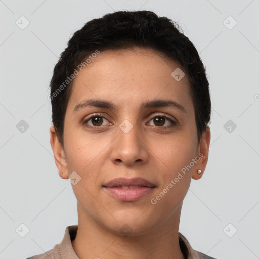 Joyful white young-adult female with short  brown hair and brown eyes