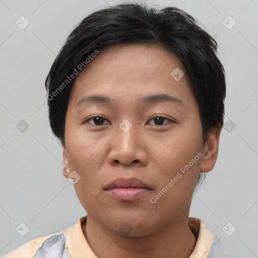 Neutral asian young-adult female with short  brown hair and brown eyes