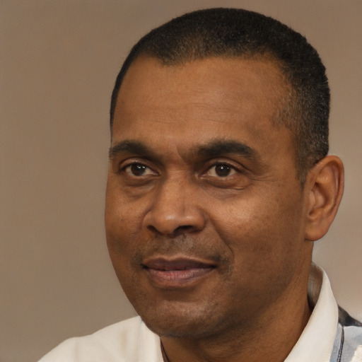 Joyful black adult male with short  black hair and brown eyes