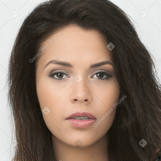 Neutral asian young-adult female with long  brown hair and brown eyes