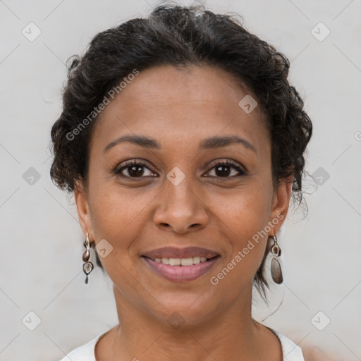 Joyful latino young-adult female with short  brown hair and brown eyes