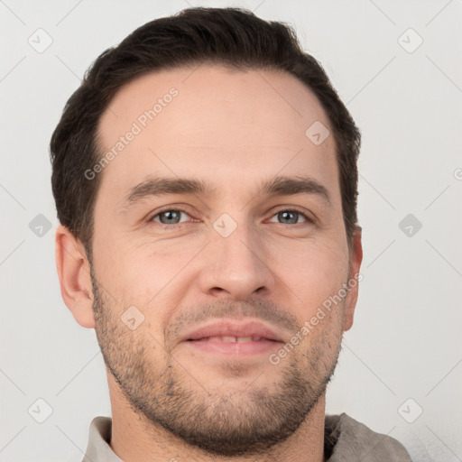 Neutral white young-adult male with short  brown hair and brown eyes